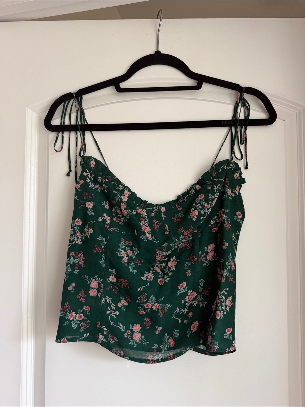 Reformation Green Floral Tie-Strap Cami with Pink Blossoms
